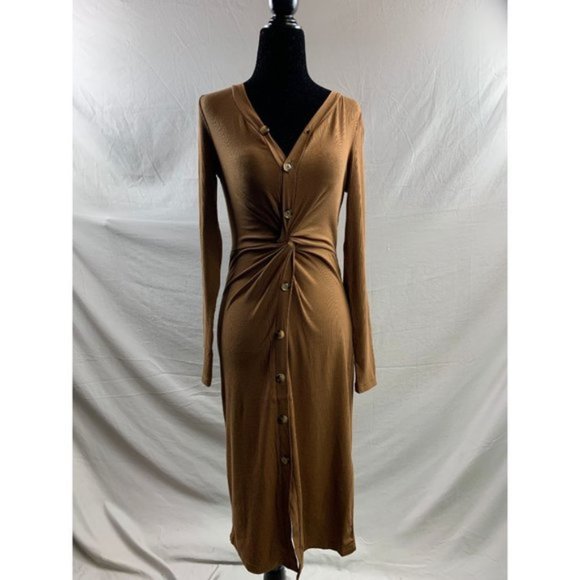 Viscose Cotton Front Twist Knot Ribbed Dress Brown. - Picture 7 of 8